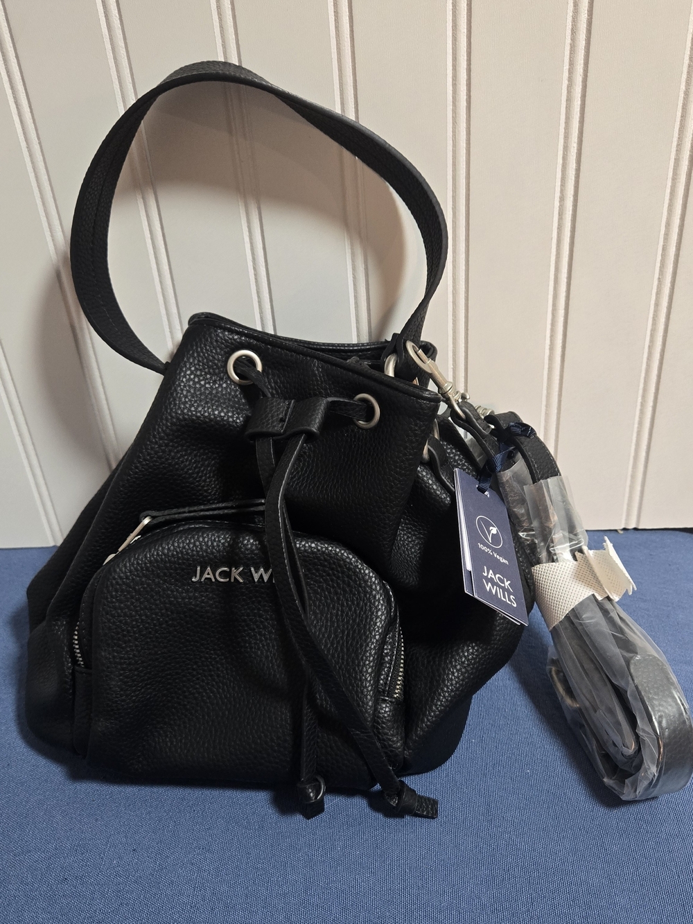 Jack Wills Black Pebbled Vegan Leather Drawstring Crossbody Bag